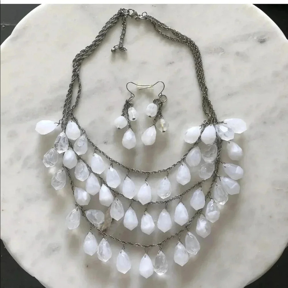 Premier Designs Women’s White Silver Ice Frost Beaded Necklace Earrings Set